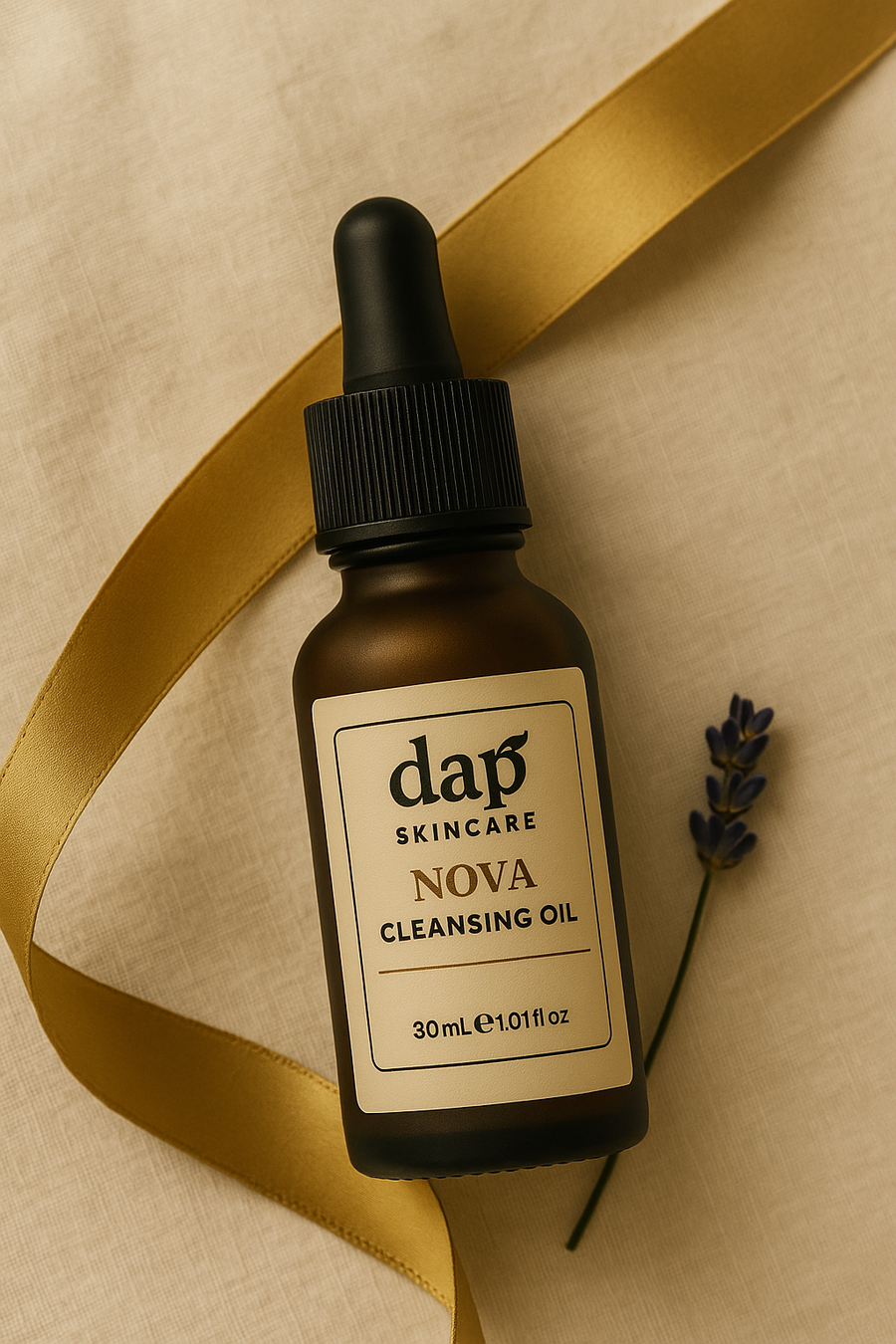 Bottle of dap Skincare Nova Cleansing Oil with a dropper on a beige background
